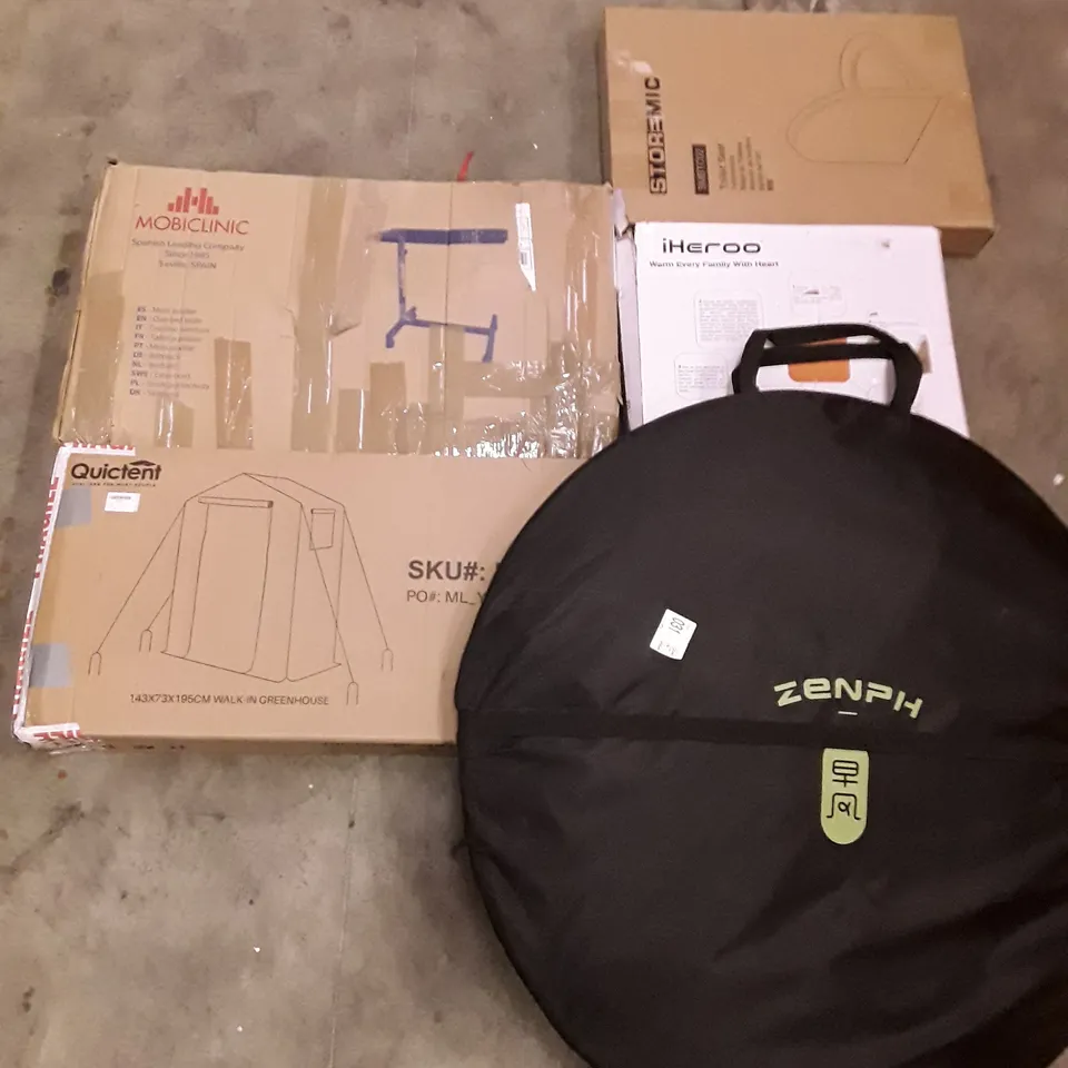 PALLET OF ASSORTED PRODUCTS INCLUDING OVERBED TABLE, WALK IN GREENHOUSE, TOILET SEAT, POP UP TENT, FLANNEL ELECTRIC BLANKET