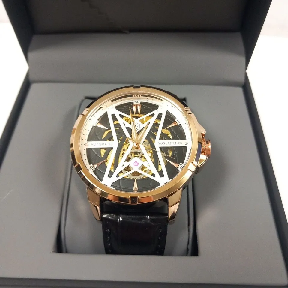 MENS VONLANTHEN AUTOMATIC SKELETON WATCH – V110 - GLASS EXHIBITION BACKCASE – BLACK LEATHER STRAP