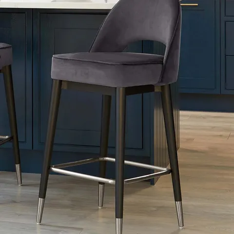 BOXED DANETTI CLOVER DARK GREY VELVET BAR STOOL WITH STAINLESS STEEL CAPS