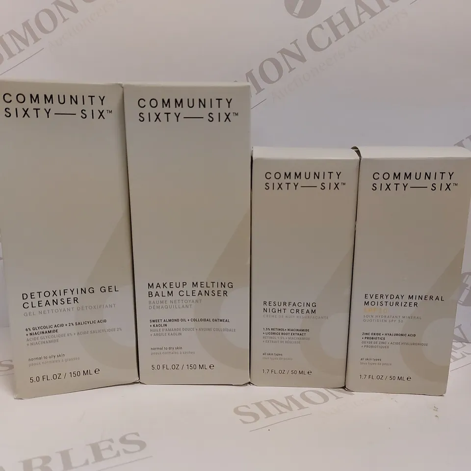 LOT OF 4 ASSORTED COMMUNITY SIXTY SIX PRODUCTS TO INCLUDE MAKEUP MELTING BALM CLEANSER 150ML, RESURFACING NIGHT CREAM 50ML, EVERYDAY MINERAL MOISTURIZER 50ML, ETC 