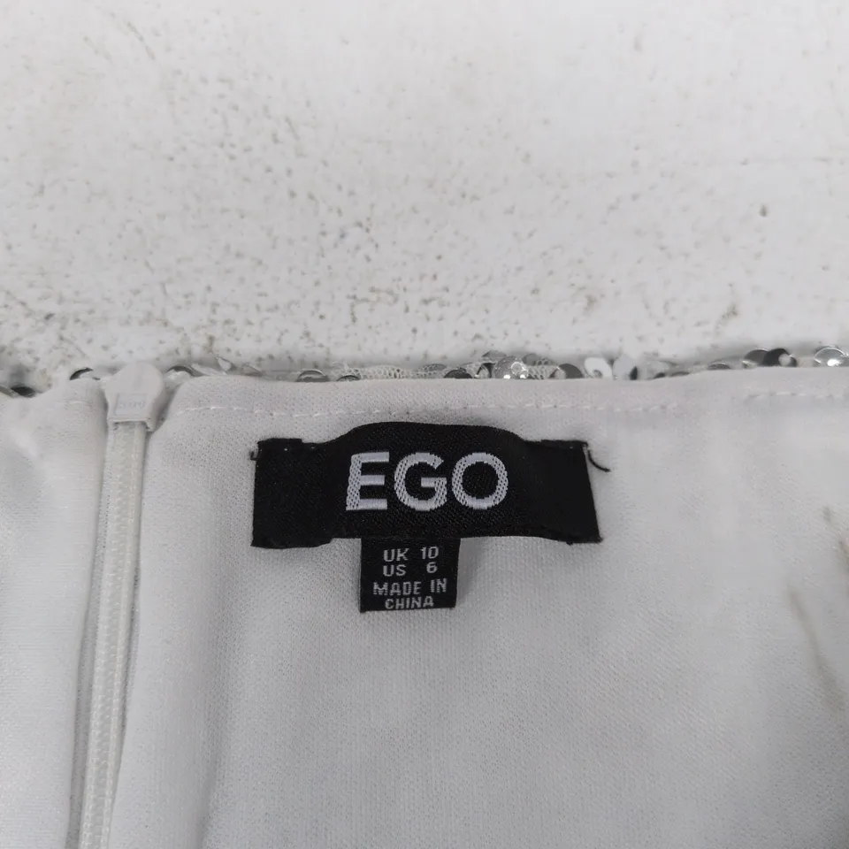EGO WOMEN'S SEQUINED SKIRT – WHITE WITH SILVER SEQUINS, UK 10 (US 6) – SIDE ZIP