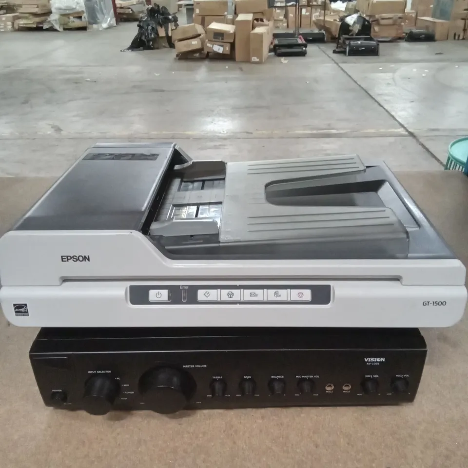 BOX OF ELECTRONICS INCLUDING VISION POWER AMPLIFIER, EPSON SCANNER AND ASSORTED HEADSETS