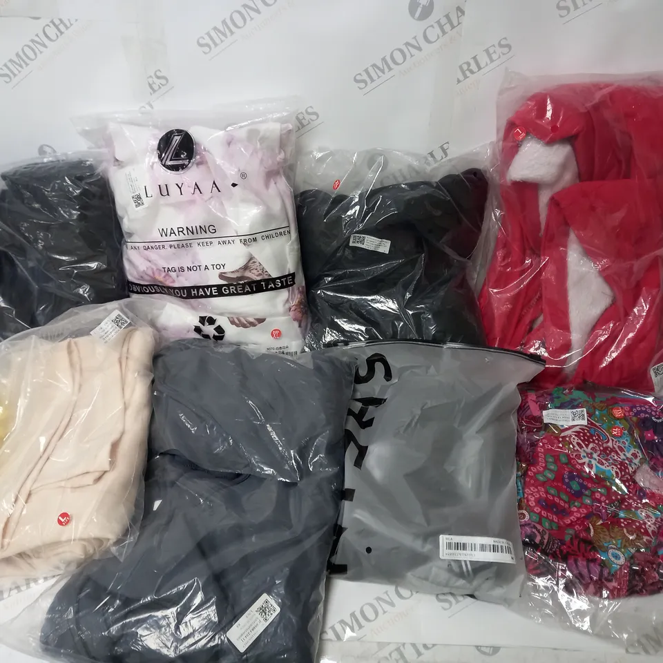 BOX OF APPROXIMATELY 30 ASSORTED CLOTHING PRODUCTS IN VARIOUS SIZES TO INCLUDE DRESSES, UNDERWEAR, T-SHIRTS ETC