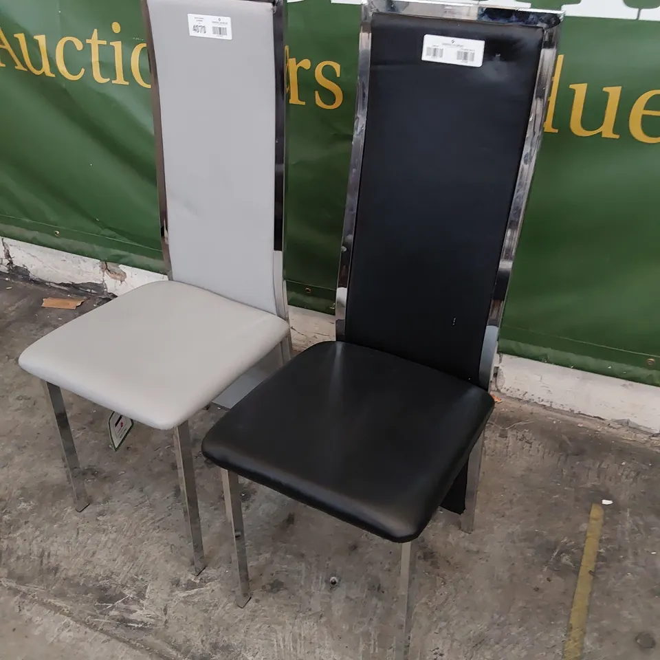 TWO DESIGNER CHROME FRAMED HIGH BACKED DINING CHAIRS, BLACK PU & GREY PU.