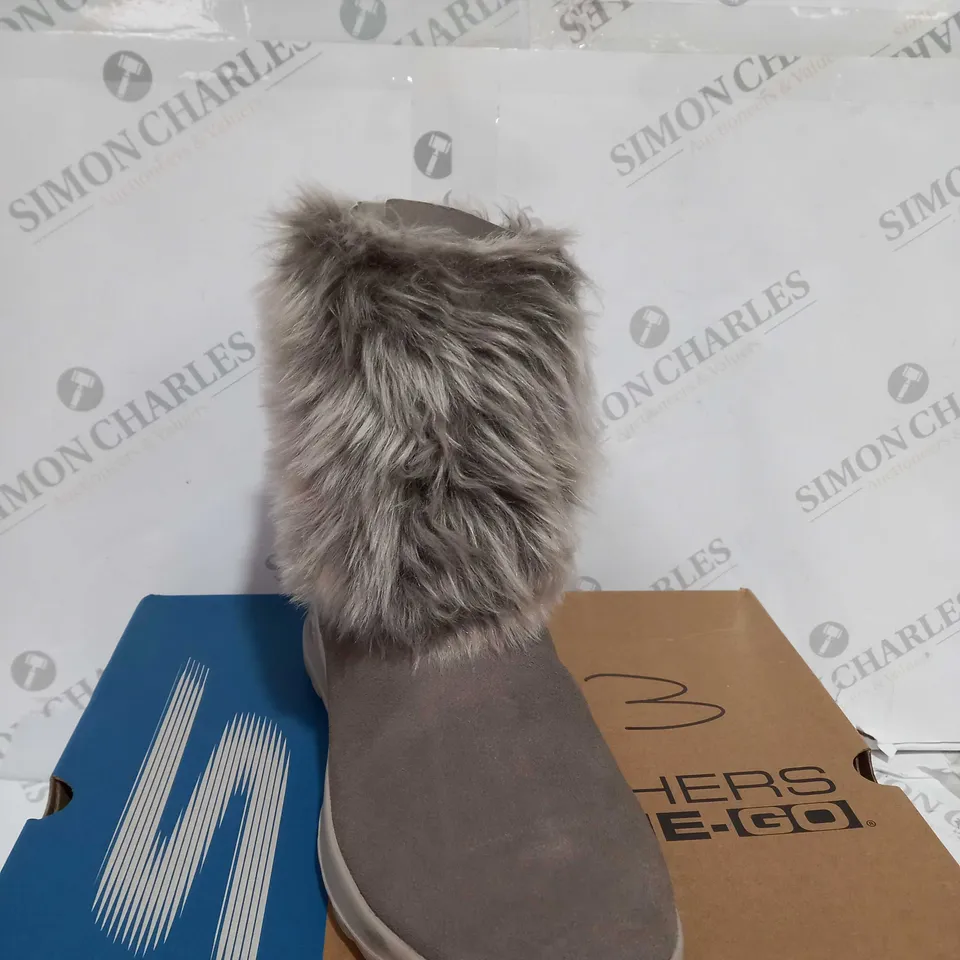 BOXED PAIR OF SKECHERS ON THE GO JOY MID SUEDE BOOTS, TAUPE - SIZE 8