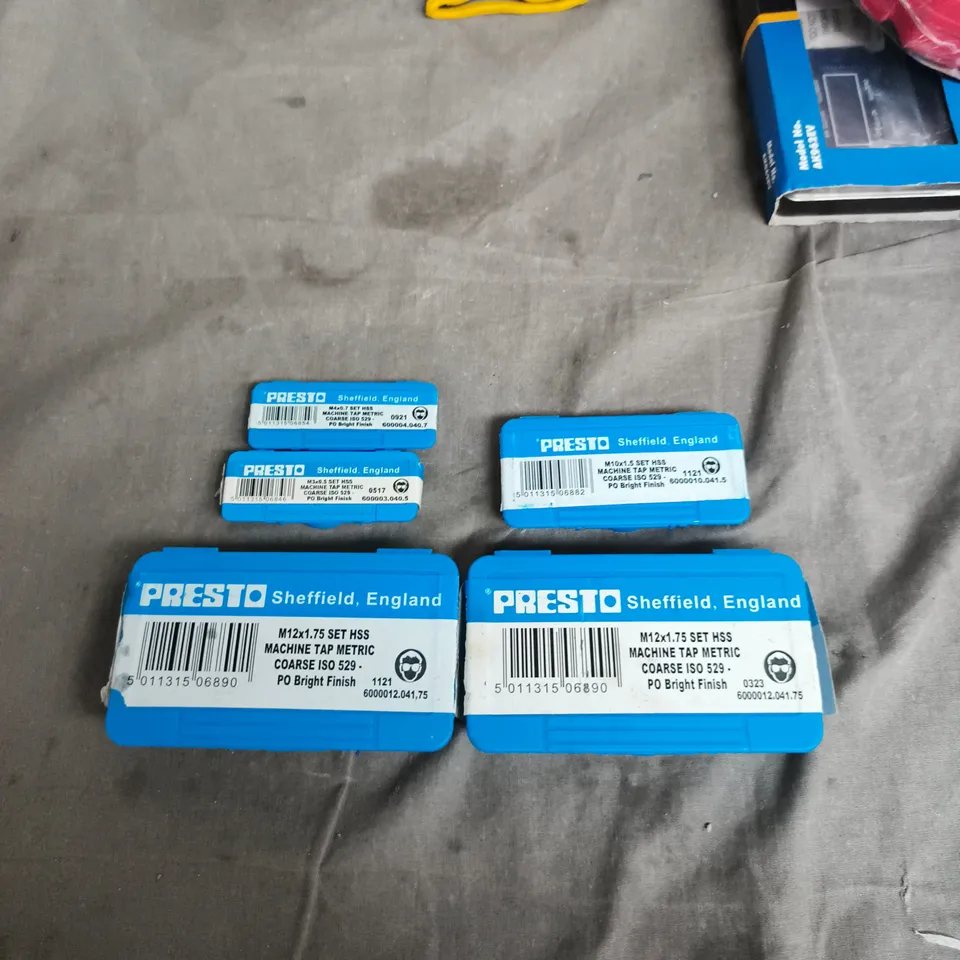 ASSORTED METALWORKING TAPS & DRILL TOOLING – PRESTO M12X1.75 HSS TAPS IN BLUE TINS + IRWIN BOXED BITS 