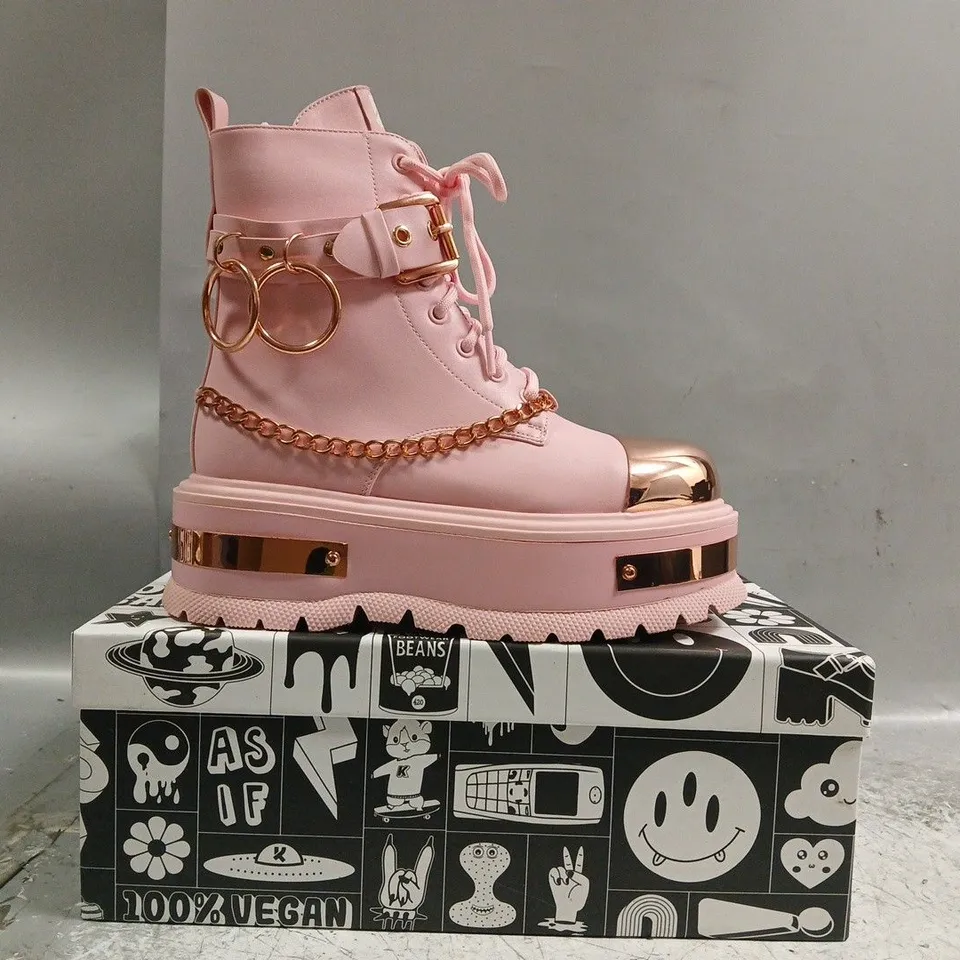 BOXED PAIR OF KOI ROSE GOLD BORIN HARDWARE PLATFORM BOOTS IN PINK/ROSE GOLD SIZE UK 4