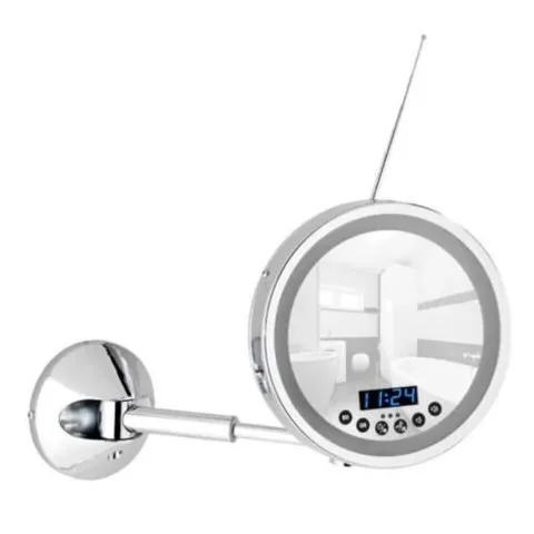 BOXED WENKO WALL MOUNTED CHROME MAKEUP SHAVING MIRROR USB BLUETOOTH RADIO LOUDSPEAKERS 16.5CM H