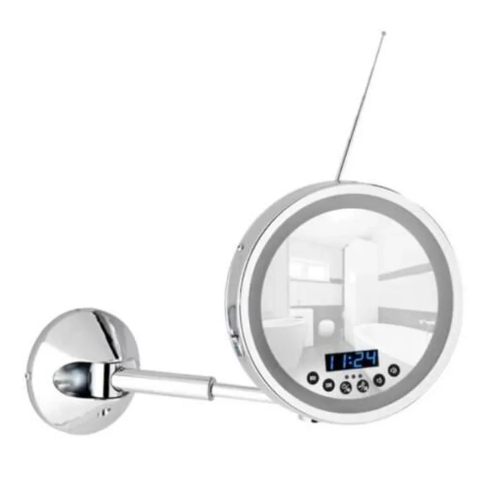 BOXED WENKO WALL MOUNTED CHROME MAKEUP SHAVING MIRROR USB BLUETOOTH RADIO LOUDSPEAKERS 16.5CM H