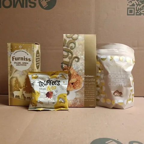 APPROXIMATELY 10 ASSORTED FOOD AND DRINK ITEMS TO INCLUDE GOUDA BISCUITS, GINGERBREAD, ETC