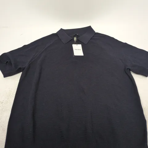 REISS ESTATE SS HALF ZIP TEXTURE NAVY KNIT TOP – XL