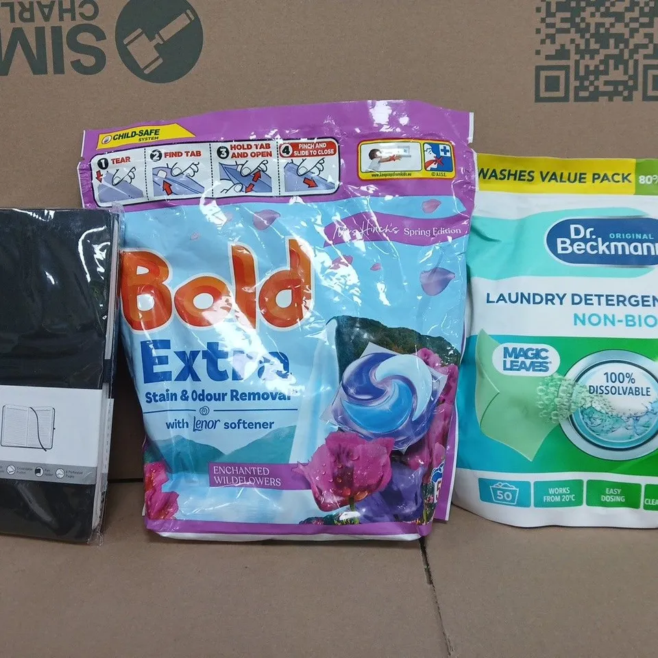 BOX OF APPROXIMATELY 12 ASSORTED HOUSEHOLD ITEMS TO INCLUDE LAUNDRY DETERGENT SHEETS, NOTEBOOK, ETC