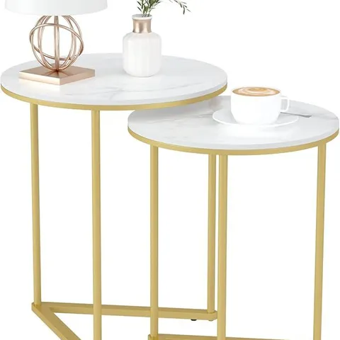 BOXED FATIVO MARBLE TOP SIDE TABLE, 2 NESTING SMALL SOFA END TABLES - GOLD (1 BOX)