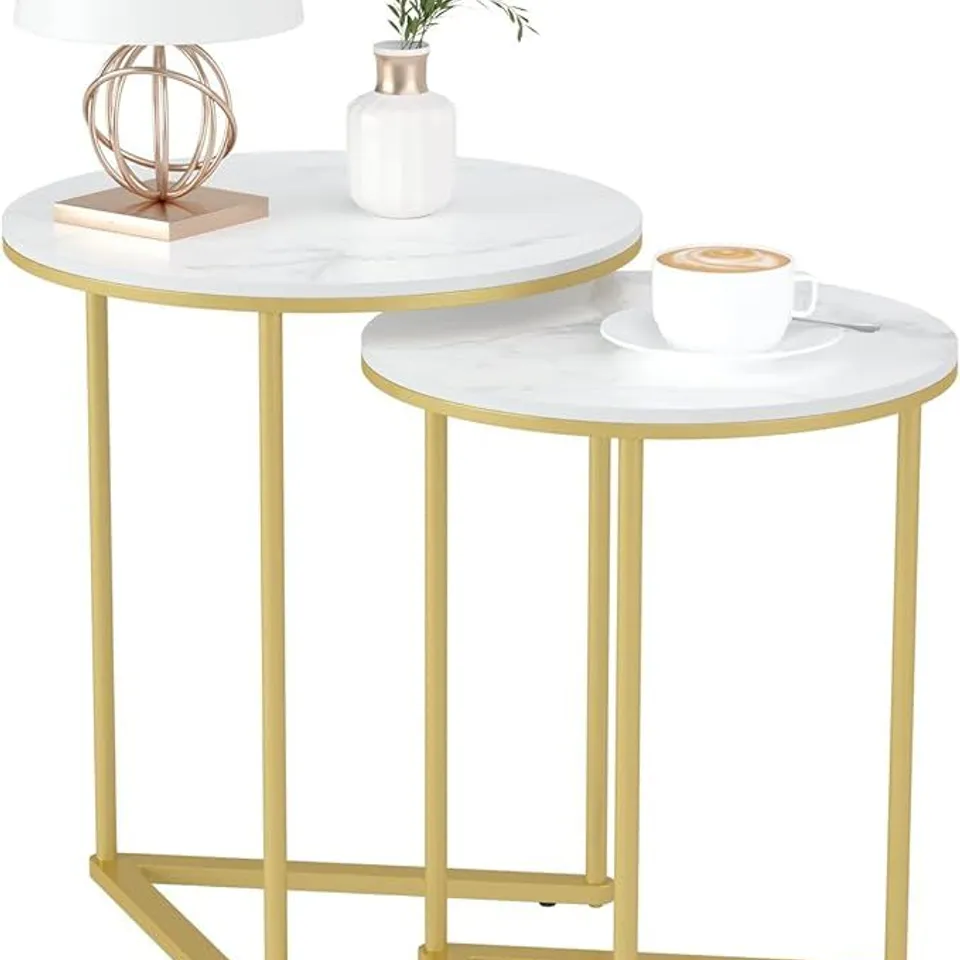 BOXED FATIVO MARBLE TOP SIDE TABLE, 2 NESTING SMALL SOFA END TABLES - GOLD (1 BOX)