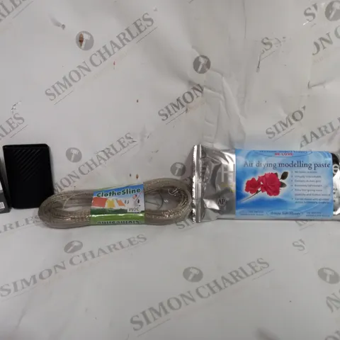 BOX OF APPROXIMATELY 12 ASSORTED ITEMS TO INCLUDE - AIR DRYING MODELLING PASTE - CLOTHESLINE - CARBON LOOK WALLET ECT