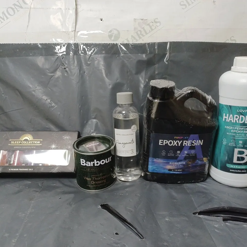 BOX OF APPROXIMATELY 15 ASSORTED ITEMS TO INCLUDE - BARBOUR WAX THORNPROOF DRESSING , LOVFEN HARDENER EPOXY RESIN , EPOXY RESIN ETC