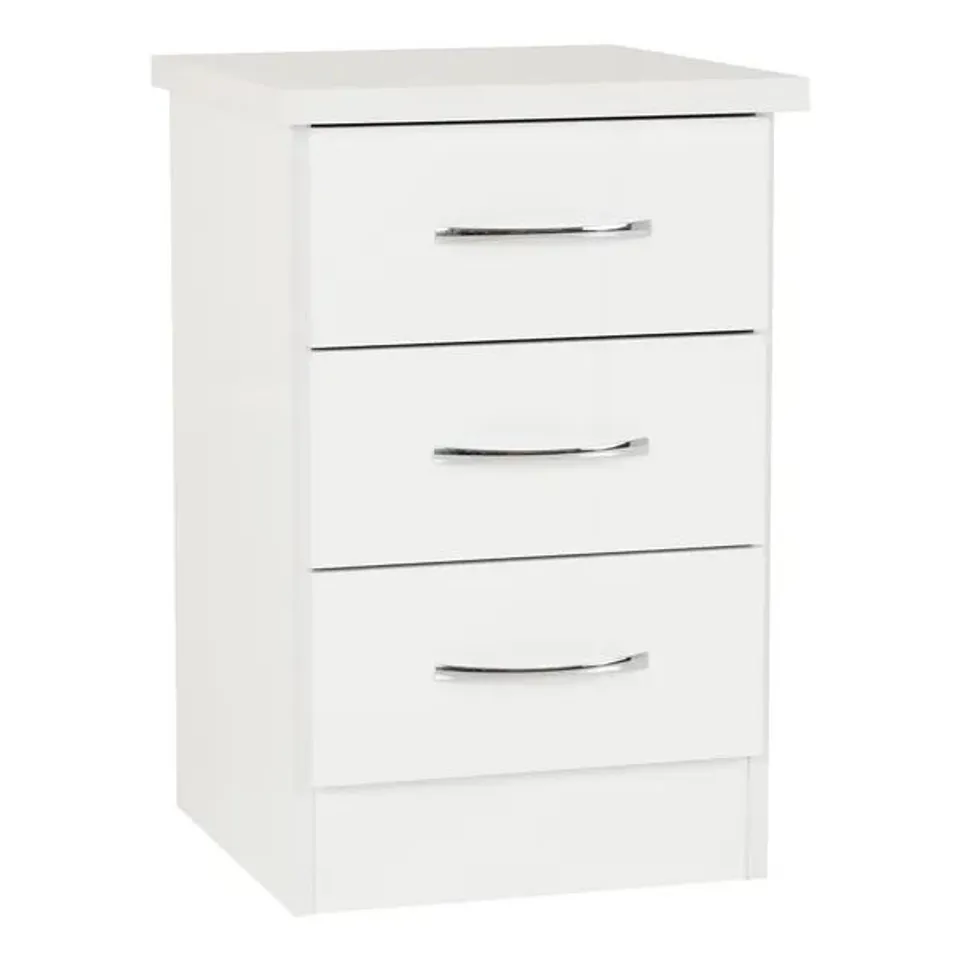 BOXED NEVADA 3 DRAWER BEDSIDE IN WHITE GLOSS (1 BOX)