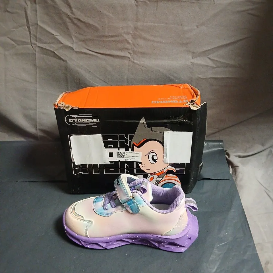 ATONGMU CHILDREN'S TRAINERS – PASTEL LILAC/PINK WITH CARTOON CHARACTER DESIGN AND VELCRO STRAP - SIZE UNSPECIFIED 