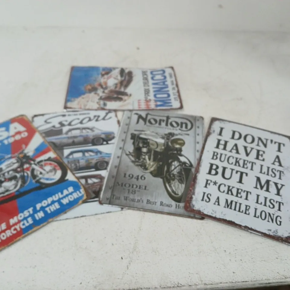 SET OF 5 VINTAGE ENAMEL MOTORCYCLE SIGNS – BSA, NORTON AND HUMOUR SIGN