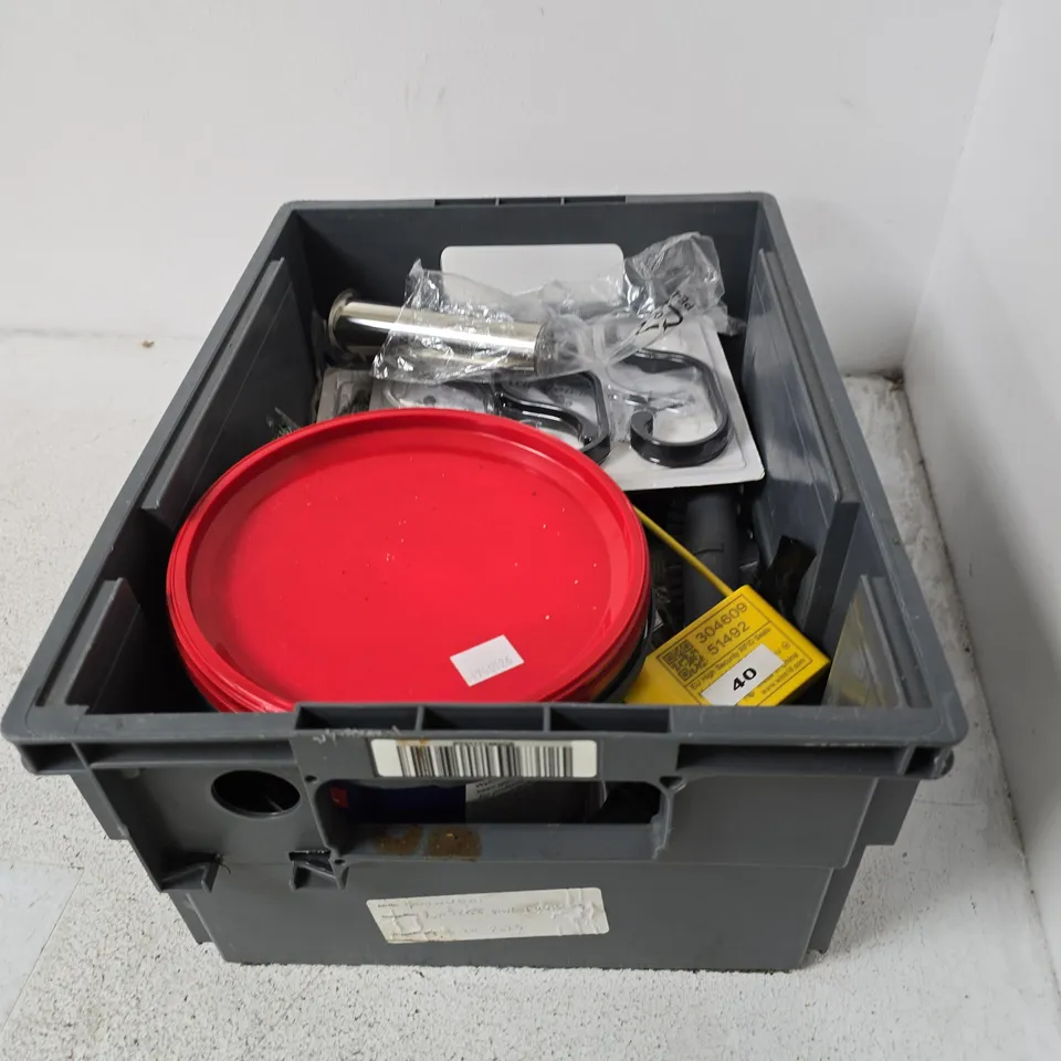 BOX CONTAINING A MIX OF 10 ASSORTED ITEMS INCLUDING WALL COVERING ADHESIVE, HANGERS, METAL PARTS ETC.