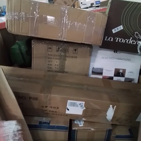 PALLET CONTAINING VARIOUS ASSORTED ITEMS TO INCLUDE: TURNTABLE AND SPEAKER SYSTEM, RICE COOKER, SEVERAL DEHUMIDIFIERS AND LOTS MORE UNMARKED BOXED ITEMS 