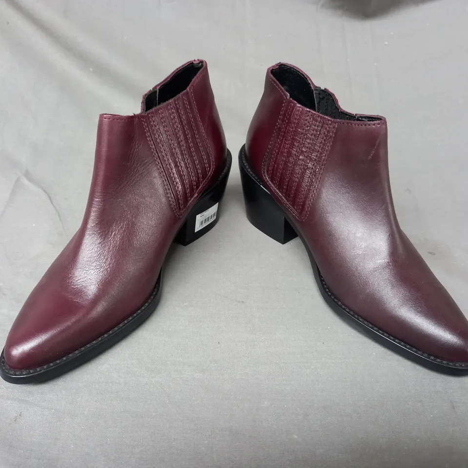 BOXED SOLEA EASTWOOD LEATHER ANKLE BOOTS IN WINE - ODD SIZES