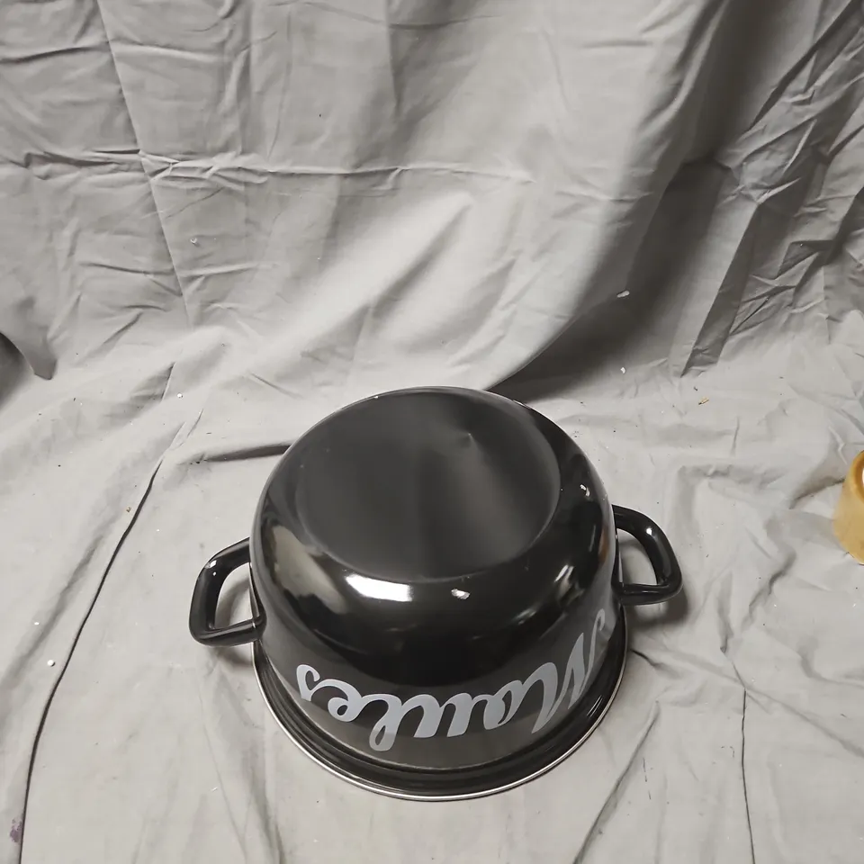 BLACK CERAMIC MOULES POT WITH SCRIPT – TWO-HANDLED SERVING DISH BRAND MOULES .