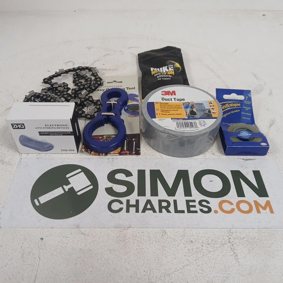 APPROXIMATELY 15 ASSORTED HOUSEHOLD PRODUCTS TO INCLUDE BIKE CHAIN , DUCT TAPE AND SELLOTAPE