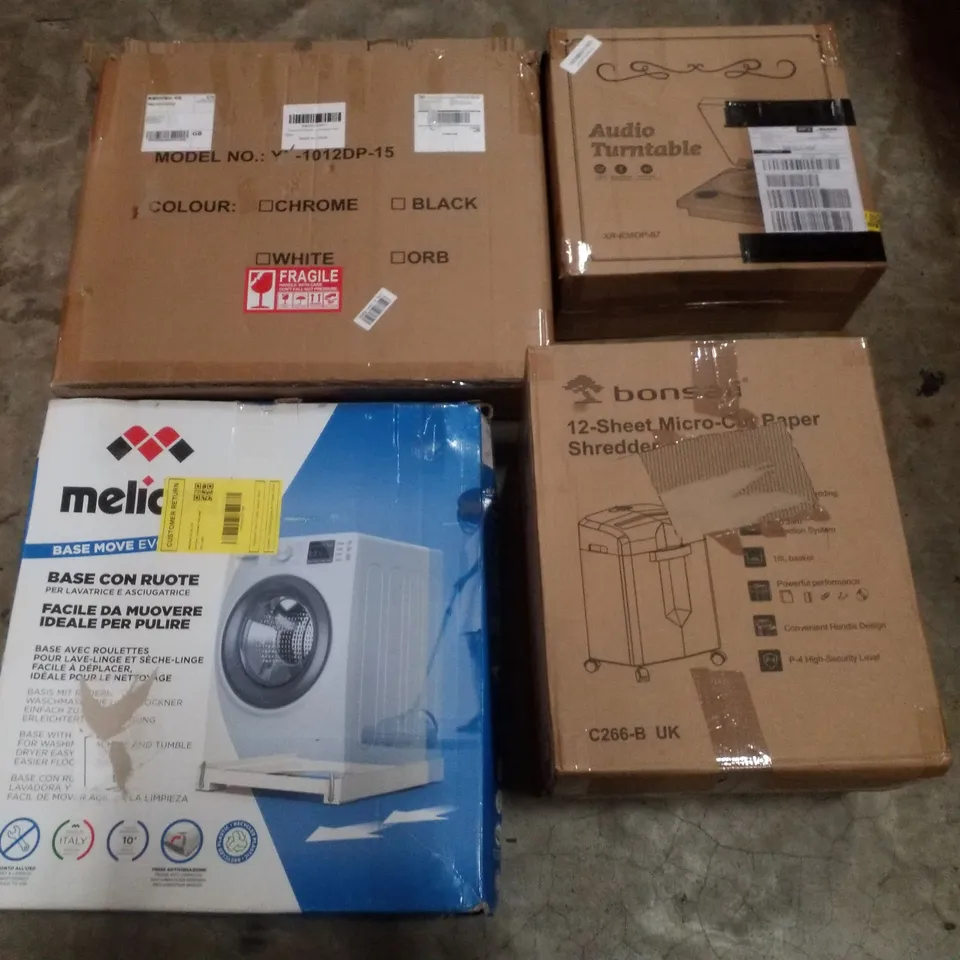 PALLET CONTAINING ASSORTED PRODUCTS INCLUDING PAPER SHREDDER, KITCHEN APPLIANCE MOVER, DRESSING TABLE & AUDIO TURNTABLE