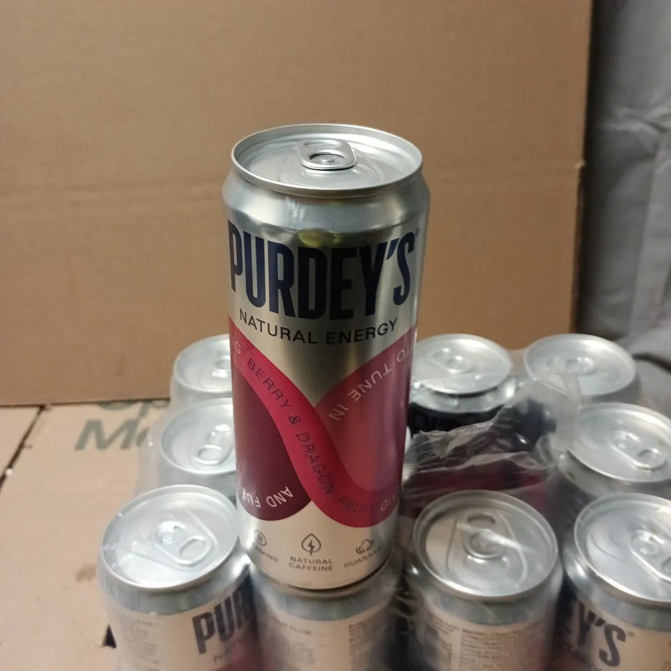 PURDEY’S NATURAL ENERGY DRINK – 12 × 330ML CANS, BERRY & DRAGONFRUIT (BBE 08/2026)