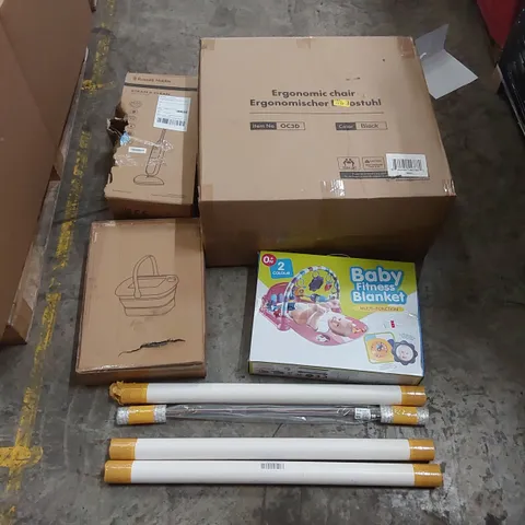 PALLET OF ASSORTED ITEMS INCLUDING: ERGONOMIC CHAIR, BRAZILWOOD 4/4 VIOLIN BOWS, RUSSEL HOBBS STEAM MOP, BABY FITNESS BLANKET ECT