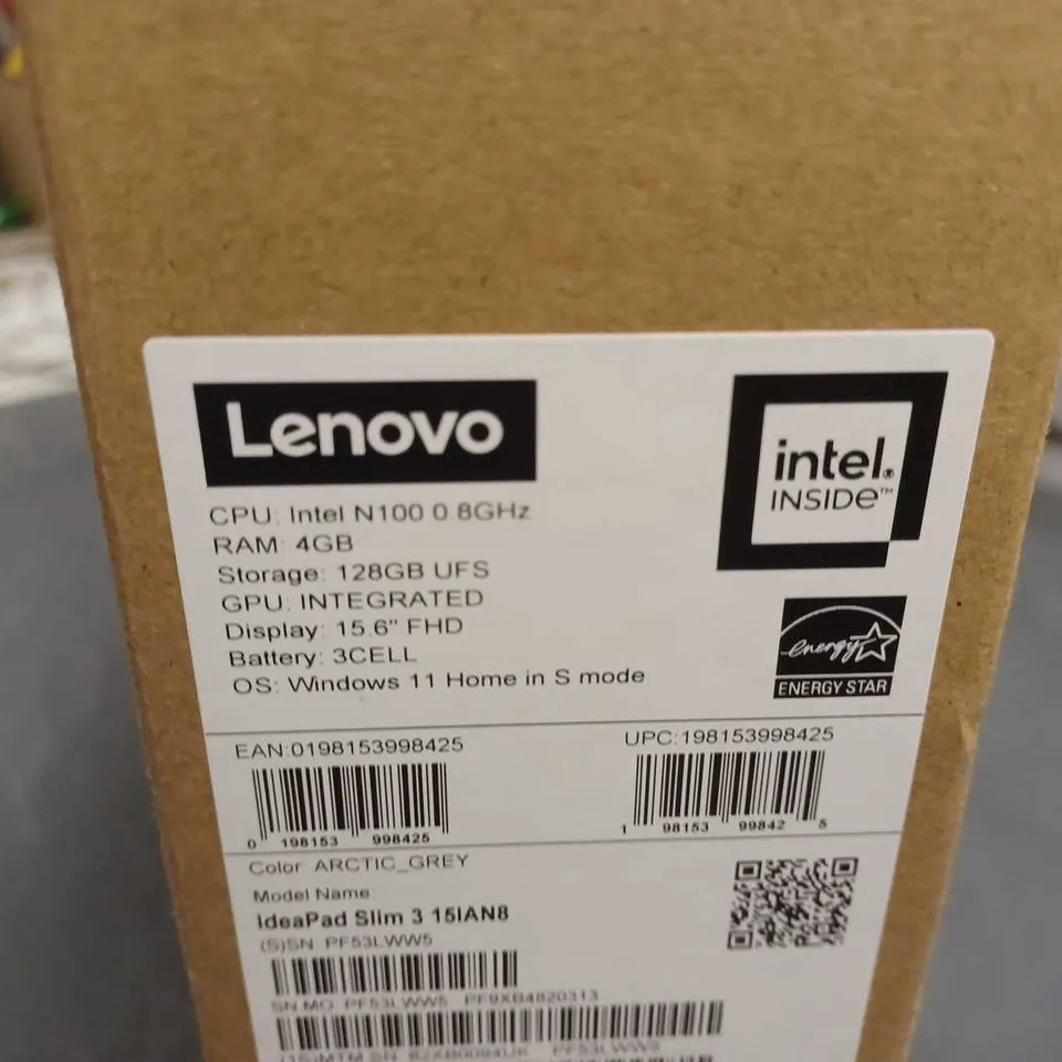 BOXED LENOVO IDEAPAD SLIM 3 INTEL N100 4GB 128GB UFS LAPTOP IN ARTIC GREY - 15IAN8