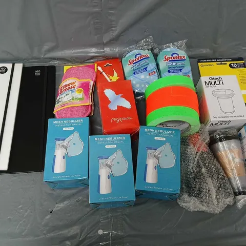 APPROXIMATELY 10 ASSORTED HOUSEHOLD ITEMS TO INCLUDE - LINED NOTEPADS, ELBOW GREASE SCRUBBING PADS, AND MESH NEBULIZERS ETC. 