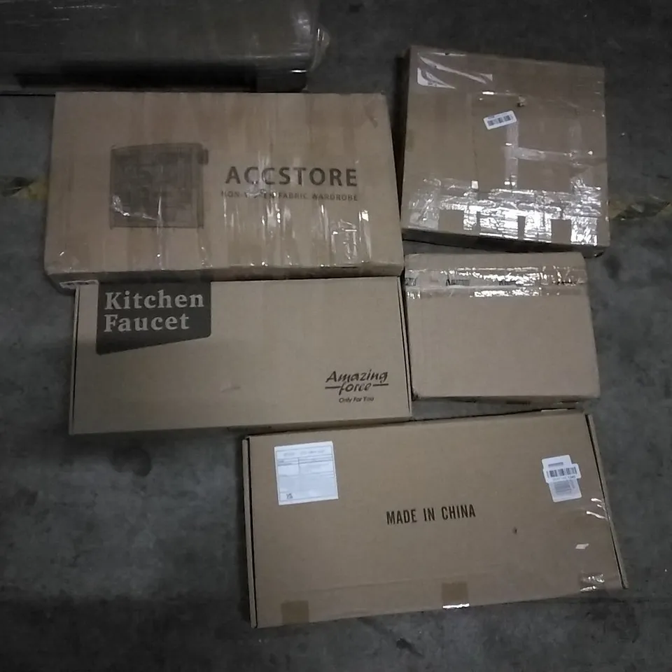 PALLET OF ASSORTED ITEMS INCLUDING OMMO AIR FRYER, KICHOT STAND MIXER, KITCHEN FAUCET, ACCSTORE FABRIC WARDROBE, GEORGE FOREMAN GRILL, AICOK JUICE EXTRACTOR