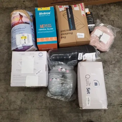 PALLET OF ASSORTED PILLOWS & CUSHIONS INCLUDING CERVICAL PILLOW, SLEEPING BAG, CAMPING TRAVEL PILLOW, DONUT CUSHION, QUILT SET