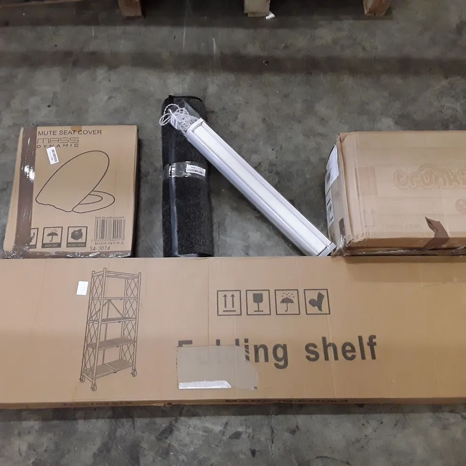 PALLET OF ASSORTED PRODUCTS INCLUDING FOLDING SHELF, TRUNKI KIDS SUITCASE, ROLLER BLIND, FLOOR MAT, TOILET SEAT  