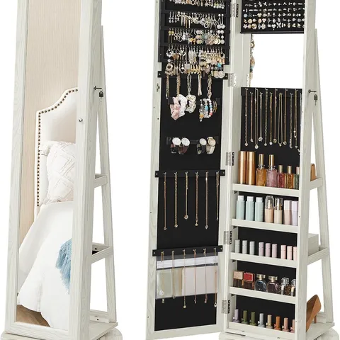 BOXED SONGMICS FREESTANDING JEWELLERY CABINET WITH FULL-LENGTH MIRROR, 360° SWIVEL, STORAGE SHELF, LOCKABLE WITH KEYS, WHITE WITH GREYISH WOOD GRAIN