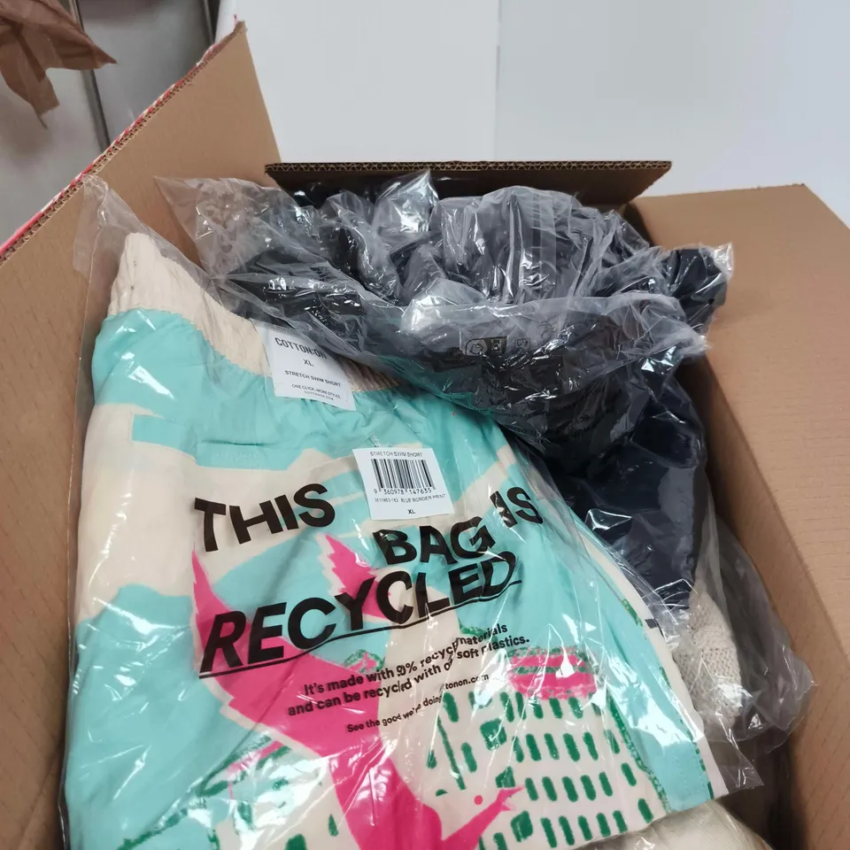 BOX OF APPROXIMATELY 13 ASSORTED CLOTHING ITEMS TO INCLUDE STRETCH SWIM SHORTS, ISLA KNIT HALTER TOP ETC