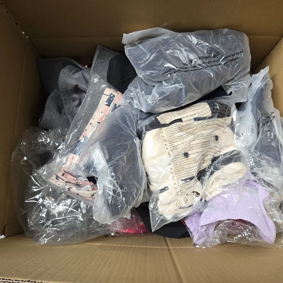 LARGE BOX OF ASSORTED CLOTHING ITEMS IN VARIOUS SIZES, STYLES AND COLOUR 