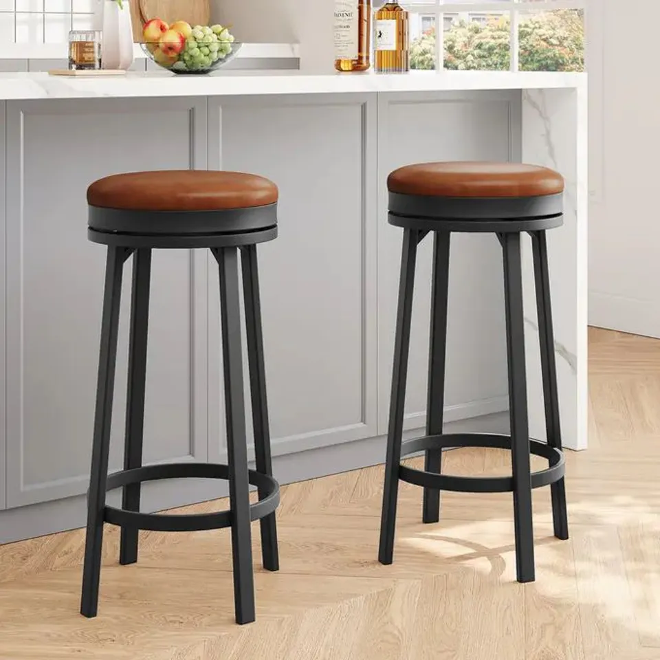 BOXED GARVEE 30" SWIVEL BAR STOOLS SET OF 2, PU LEATHER UPHOLSTERY, 360° SWIVEL & FOOTREST, METAL FRAME, BACKLESS DESIGN FOR KITCHEN ISLAND & HOME BAR, BROWN