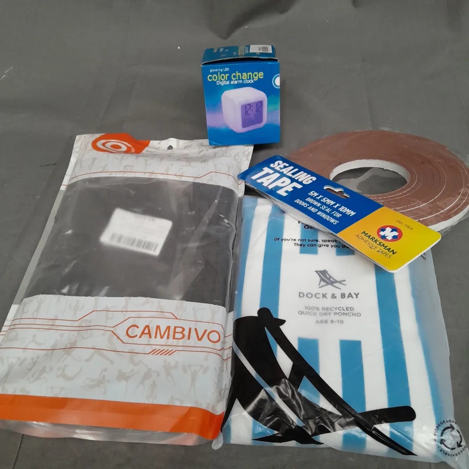 APPROXIMATELY 20 ASSORTED PRODUCTS TO INCLUDE COLOUR CHANGE DIGITAL ALARM CLOCK, SEALING TAPE, QUICK DRY PONCHO, CALF COMPRESSION SLEEVES 