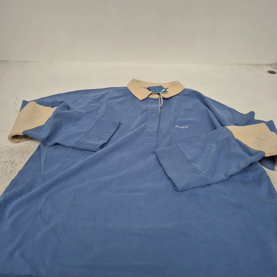 BEAUFORT & BLAKE RUGBY POLO SHIRT – CORNFLOWER BLUE, BEIGE COLLAR, XL