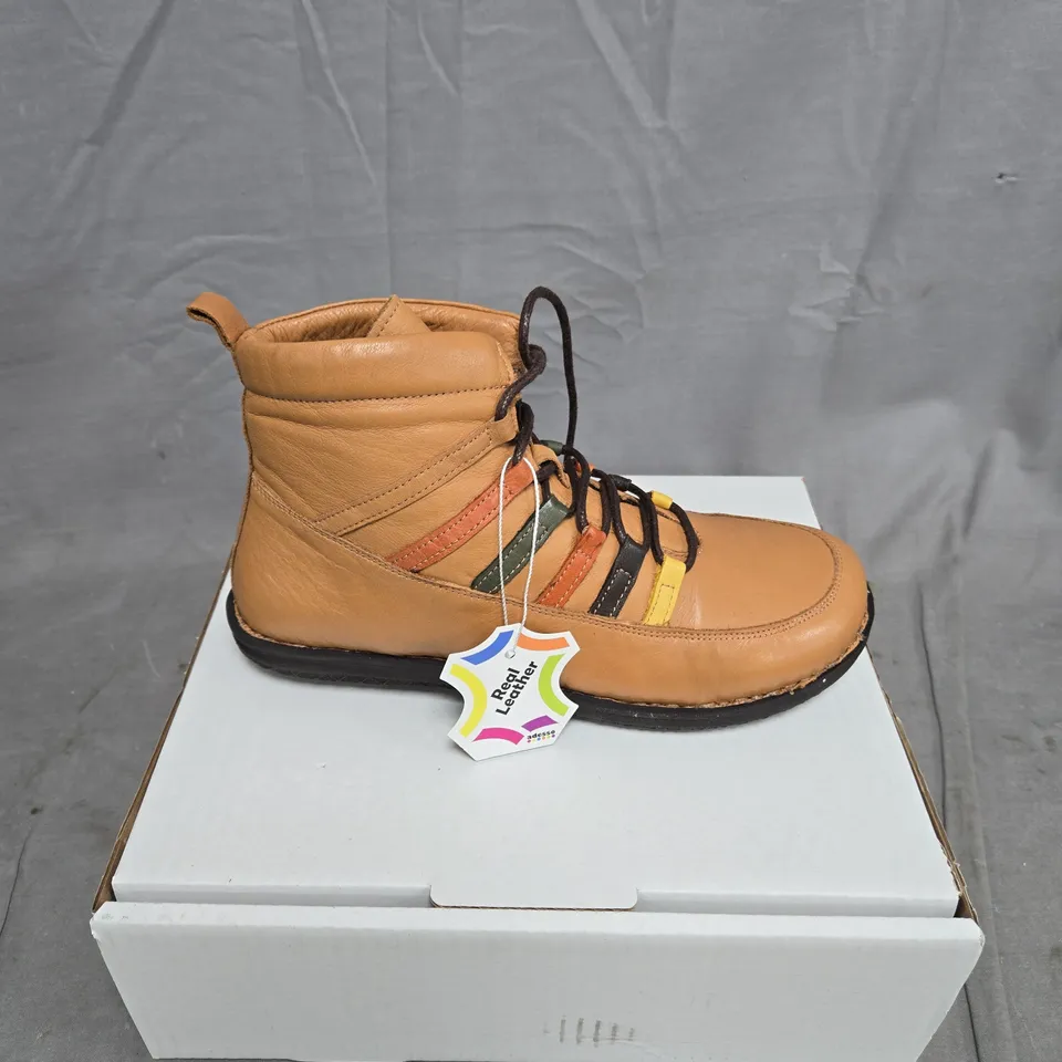 ADESSO TAN LEATHER ANKLE BOOTS WITH COLOURED STRIPE DETAILING SIZE 39
