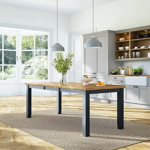 BOXED HIGHBURY EXTENDING DINING TABLE 150-200cm NATURAL OAK FINISH & SLATE BLUE SOLID (2 BOXES)