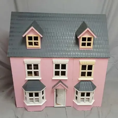 VINTAGE WOODEN DOLL'S HOUSE WITH MINIATURE FURNITURE – PINK EXTERIOR, 3-STOREY