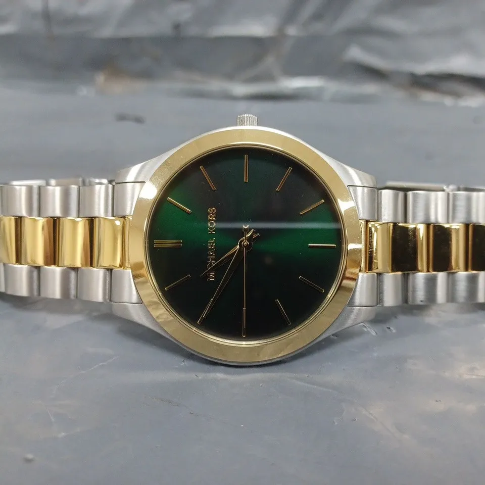 MICHAEL KORS SLIM RUNWAY THREE-HAND TWO-TONE STAINLESS STEEL WATCH RRP £216