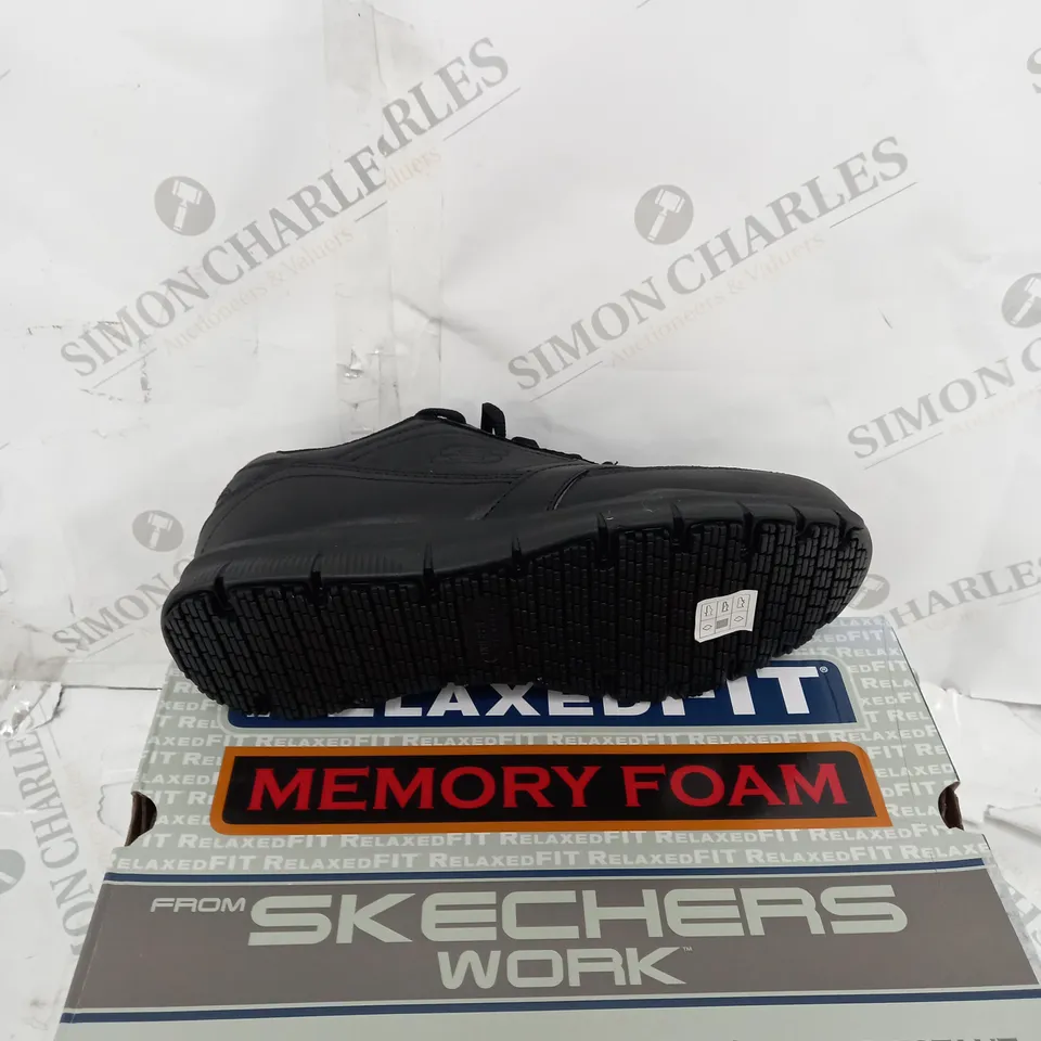 BOXED PAIR OF SKETCHERS SLIP RESISTANT BLACK WORK TRAINERS SIZE 8