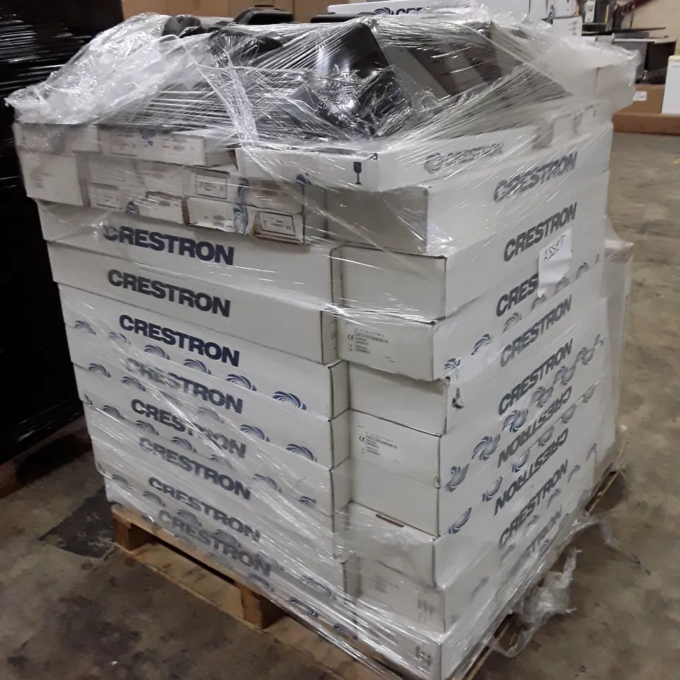 PALLET CONTAINING ASSORTED CRESTRON PRODUCTS INCLUDING TABLE TOP CONFERENCE SYSTEMS, GRAVITY CABLE RETRACTORS FOR FT2 SERIES & UNDERTABLE SHELVES FOR FT2 SERIES 