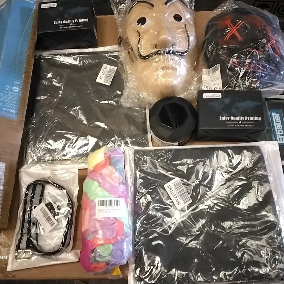 PALLET OF ASSORTED ITEMS INCLUDING MONEY HEIST MASK, HALLOWEEN MASK, EASTER BALLOON SET, DOG AIRTAG COLLAR, HAIR WAX, ESPON INK CARTRIDGES 