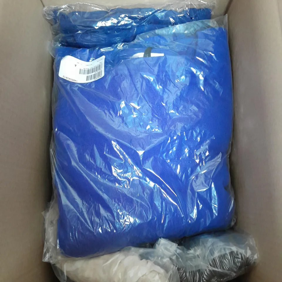 A BOX OF 10 CLOTHING ITEMS TO INCLUDE 2 WHITE STUFF JUMPERS AND A BLUE VELVET COAT 